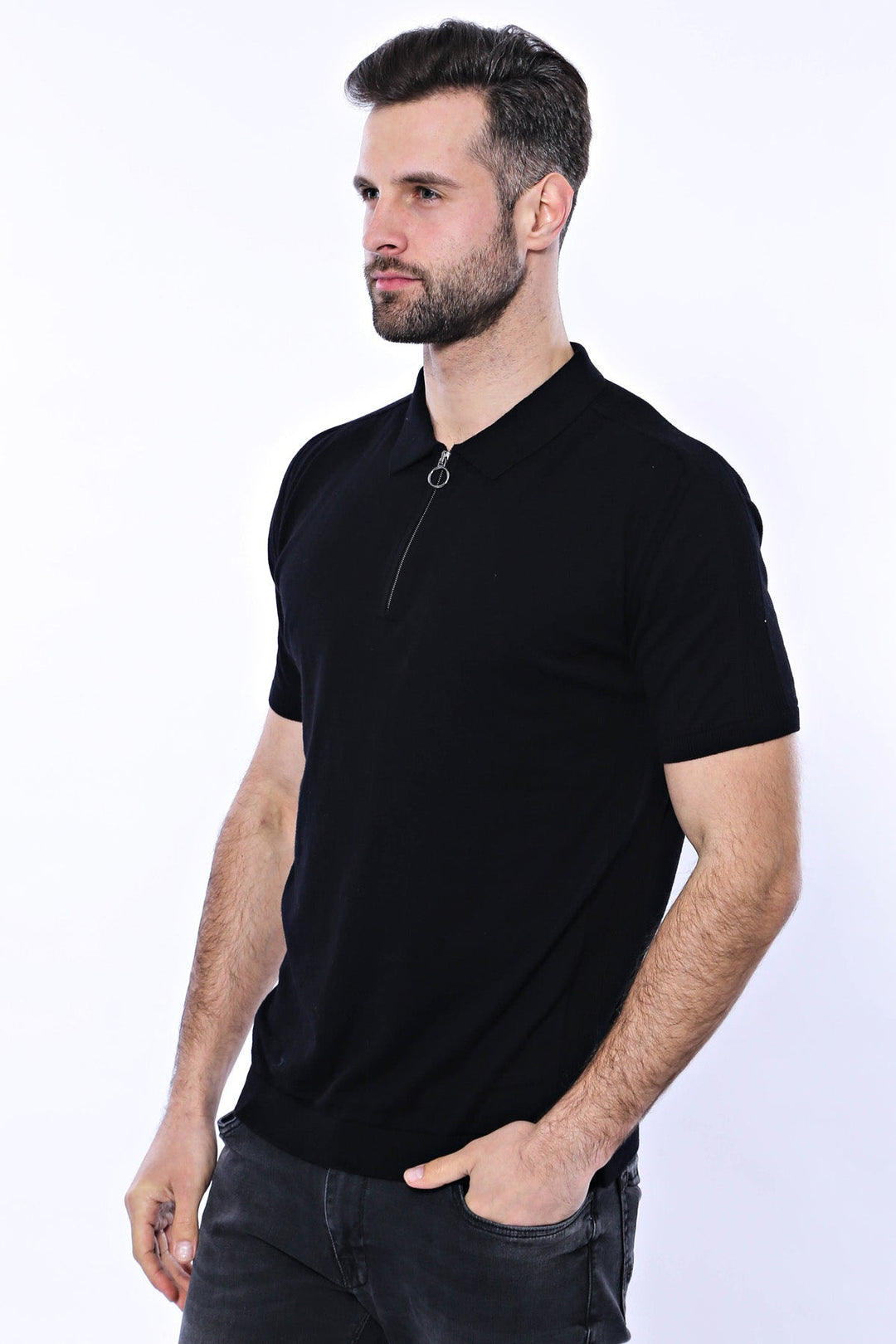 Polo Yaka Siyah Düz Örme T-shirt - Wessi