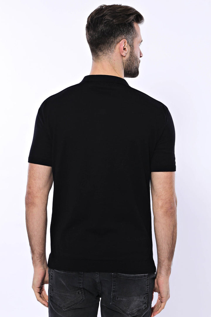 Polo Yaka Siyah Düz Örme T-shirt - Wessi