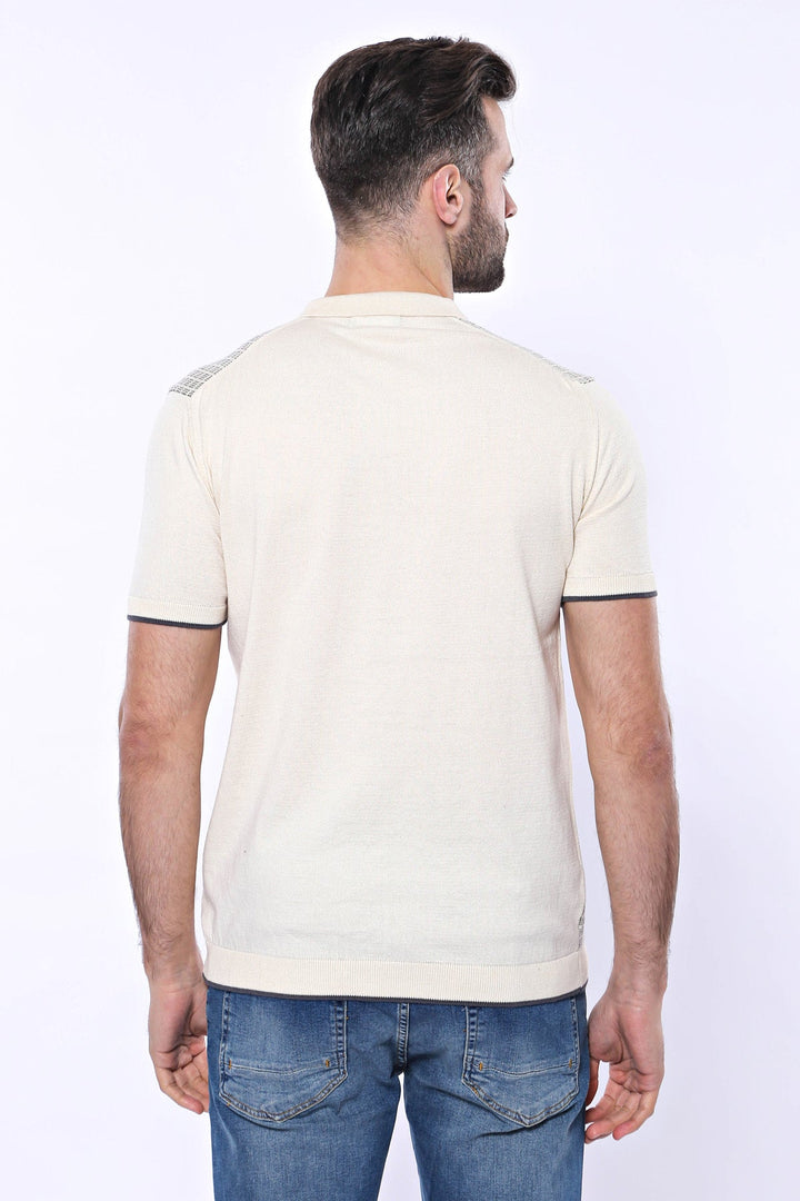 Polo Yaka Krem Desenli Fermuarlı Örme T-shirt | Wessi