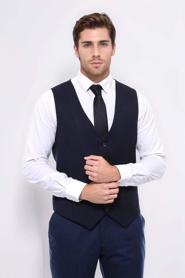 Lacivert Düz Slim Fit Yelek - Wessi