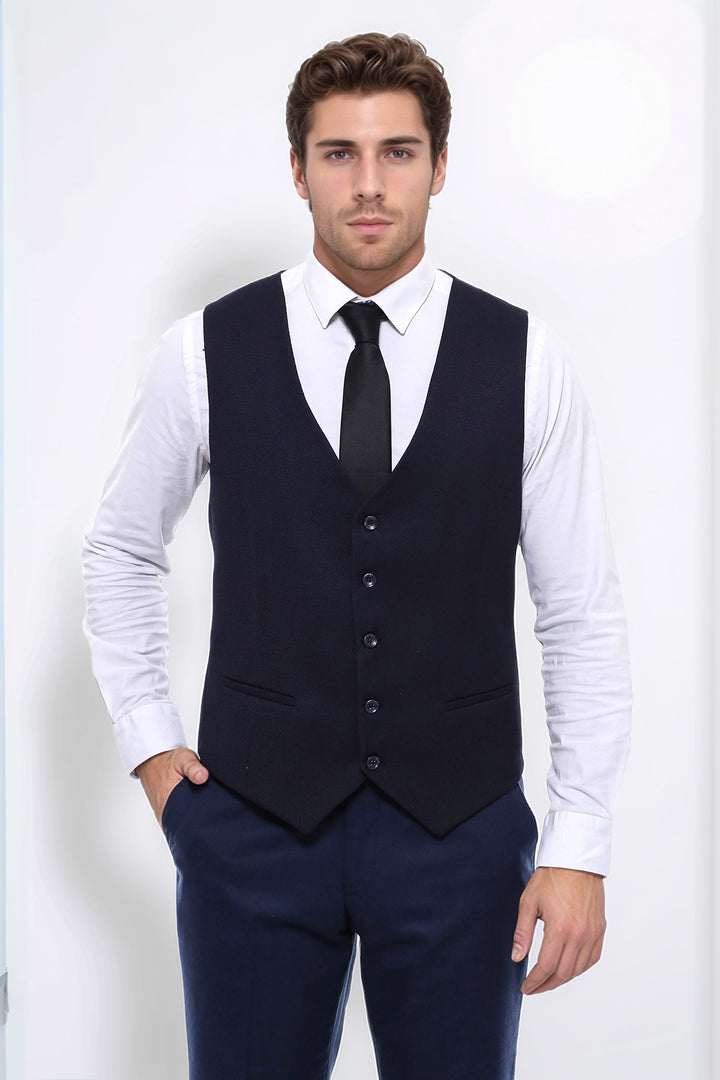 Lacivert Düz Slim Fit Yelek - Wessi