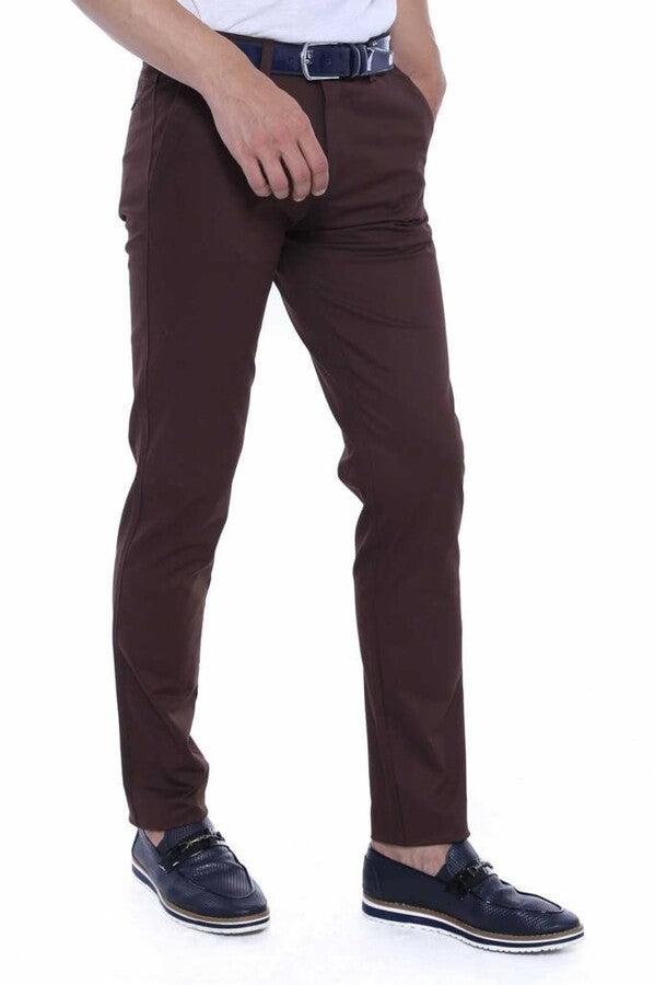 Pamuklu Slim Fit Yıkamalı Kumaş Kahverengi Erkek Pantolon - Wessi
