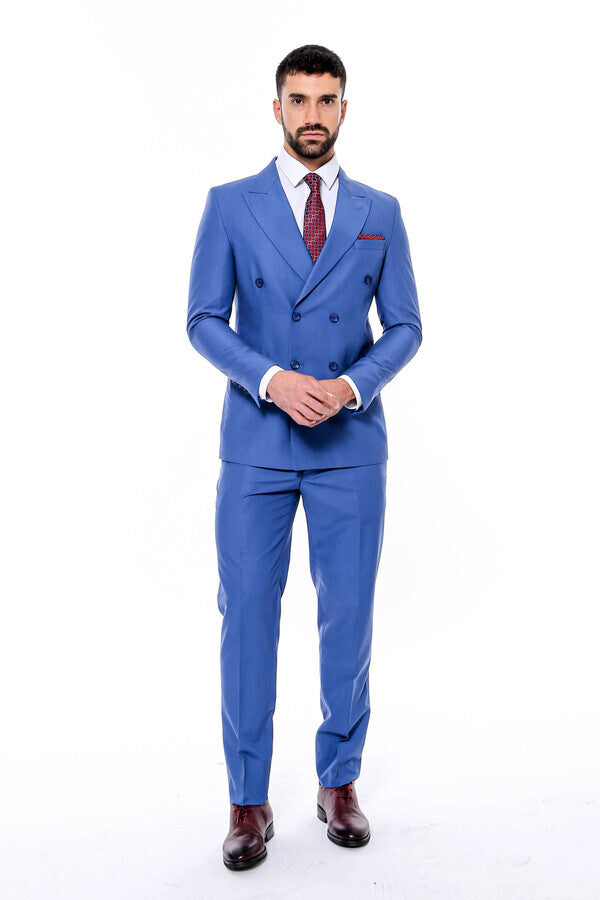 Kruvaze Slim Fit Mavi Erkek Takım Elbise - Wessi