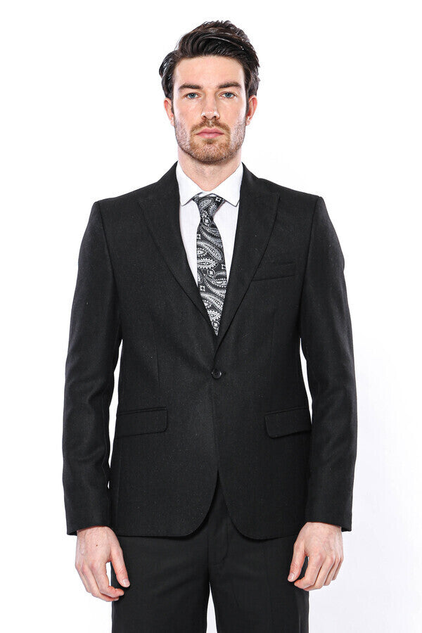 Sivri Yaka Tek Düğme Siyah Slim Fit Ceket | Wessi