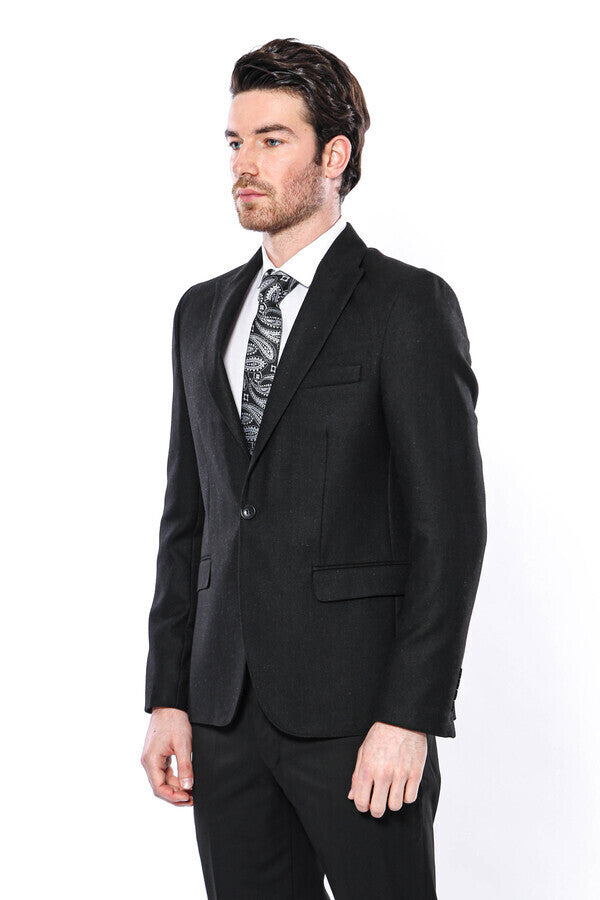 Sivri Yaka Tek Düğme Siyah Slim Fit Ceket | Wessi