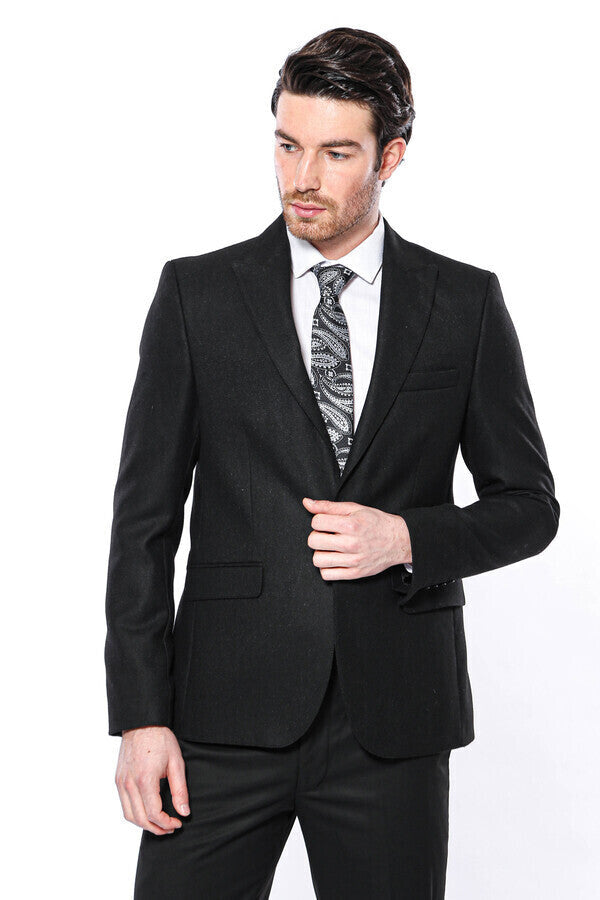 Sivri Yaka Tek Düğme Siyah Slim Fit Ceket | Wessi