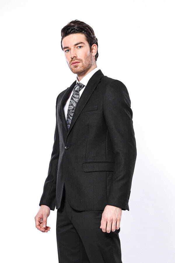 Sivri Yaka Tek Düğme Siyah Slim Fit Ceket | Wessi