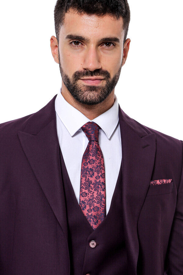 Desensiz Geniş Yaka Bordo Erkek Takım Elbise - Wessi