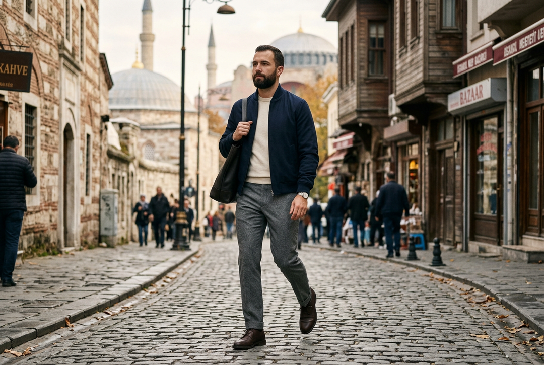 Erkek Bomber Mont ile Kumaş Pantolon Kombinleri
