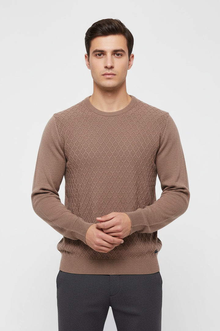 Bej Baklava Desenli Bisiklet Yaka Kazak - Wessi