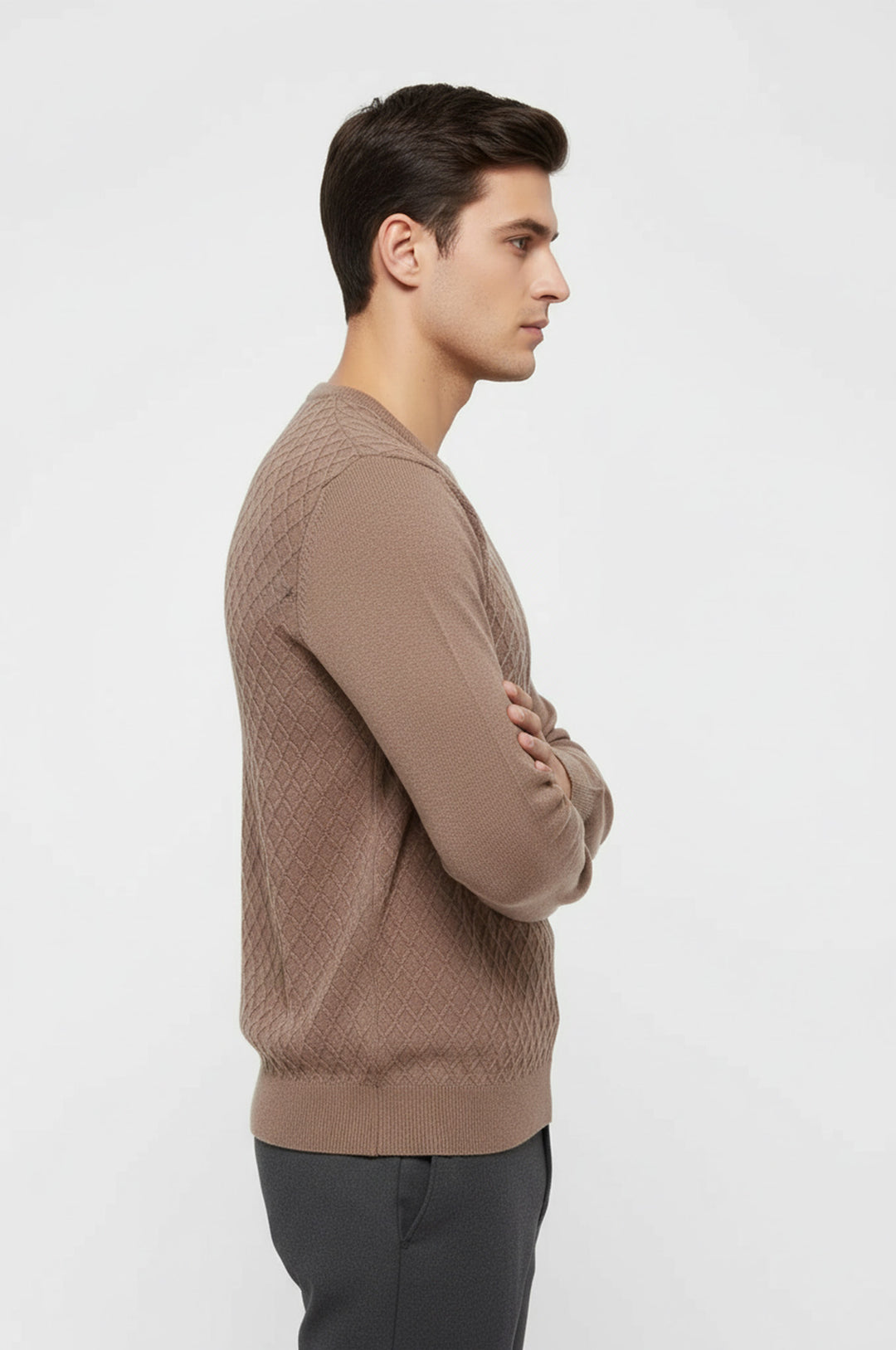 Bej Baklava Desenli Bisiklet Yaka Kazak - Wessi