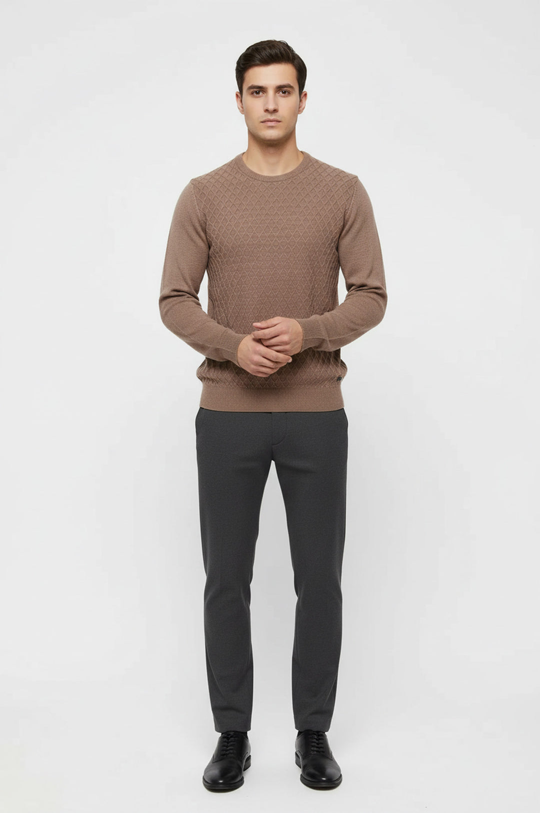 Bej Baklava Desenli Bisiklet Yaka Kazak - Wessi