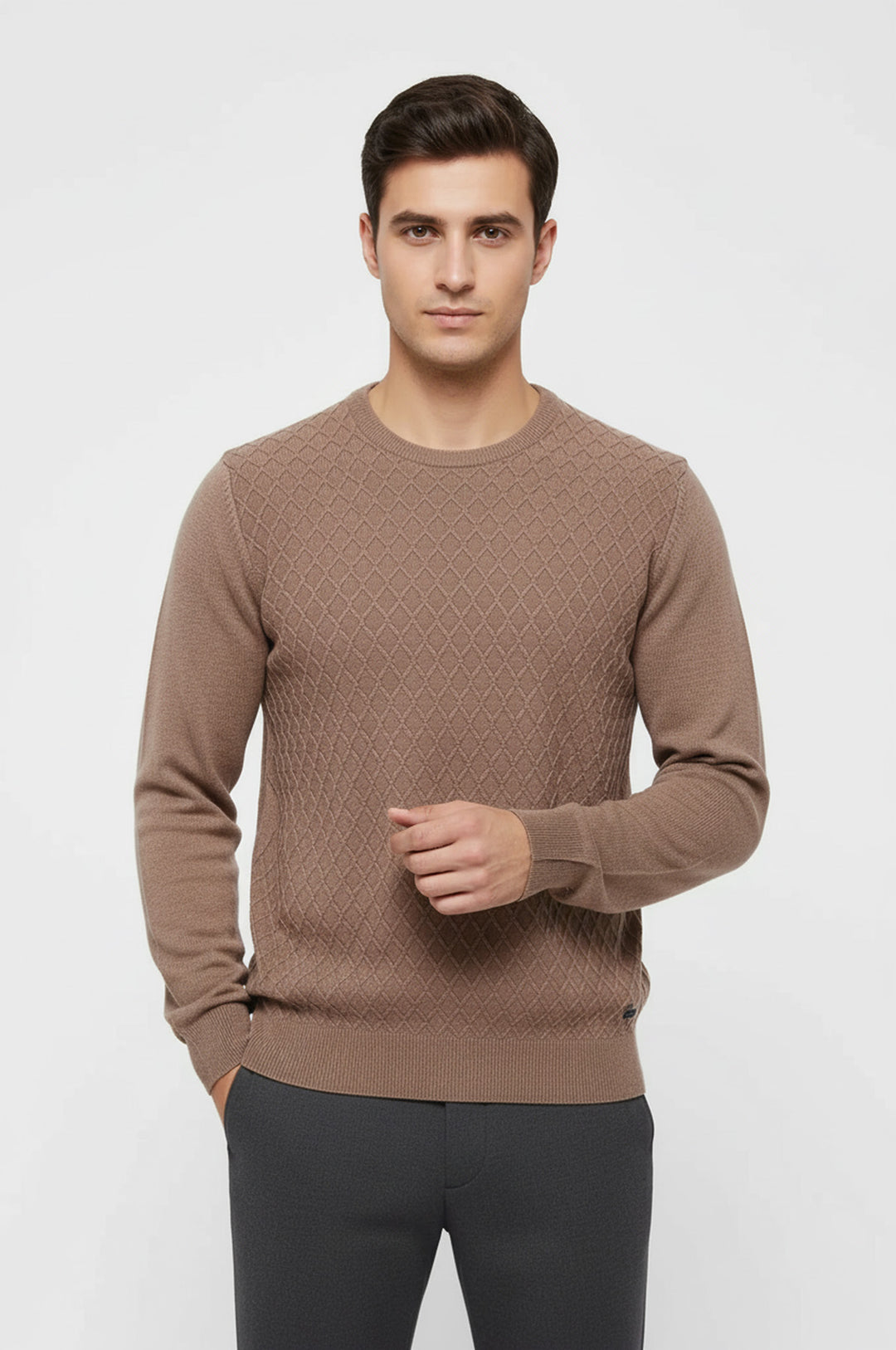 Bej Baklava Desenli Bisiklet Yaka Kazak - Wessi