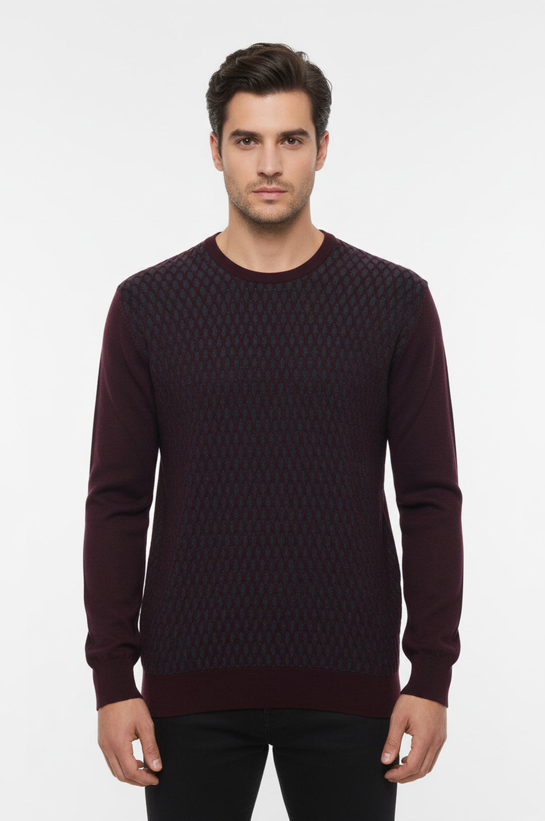 Koyu Bordo Desenli Bisiklet Yaka Kazak - Wessi