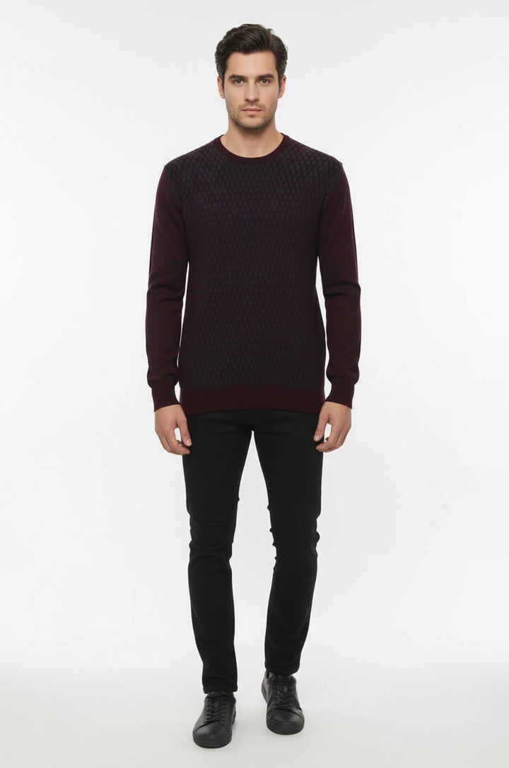 Koyu Bordo Desenli Bisiklet Yaka Kazak - Wessi