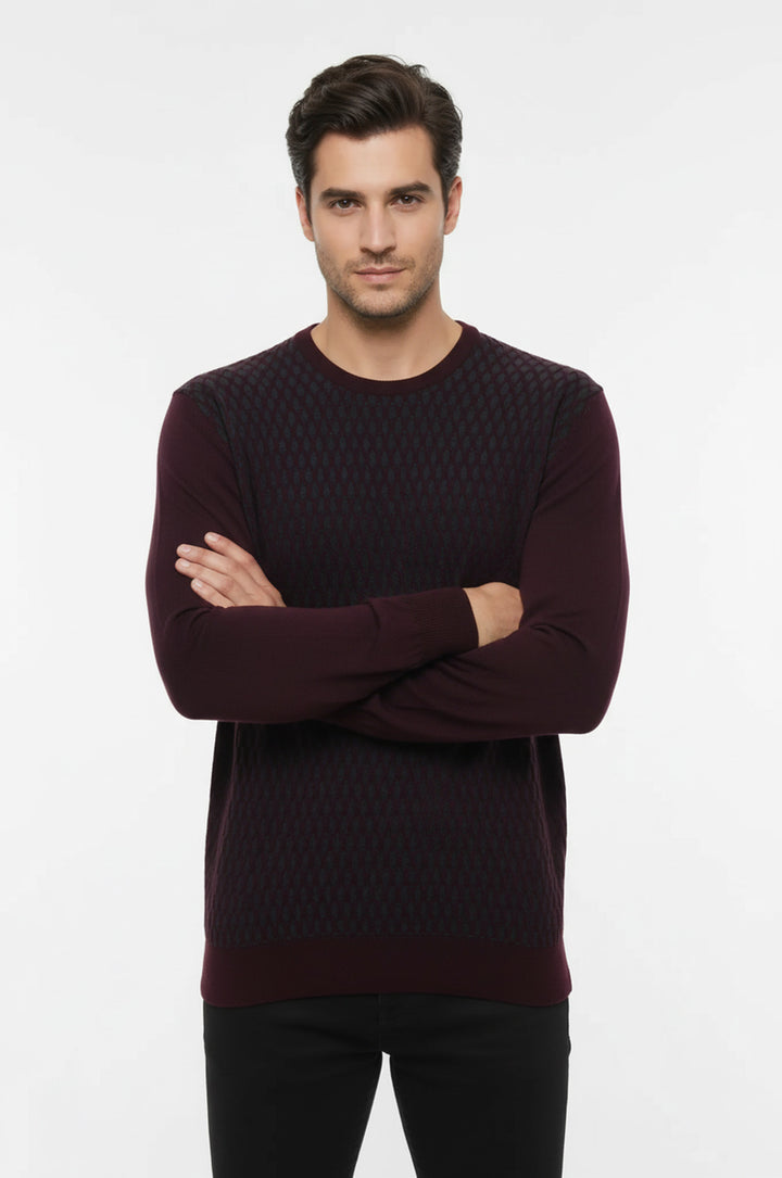 Koyu Bordo Desenli Bisiklet Yaka Kazak - Wessi