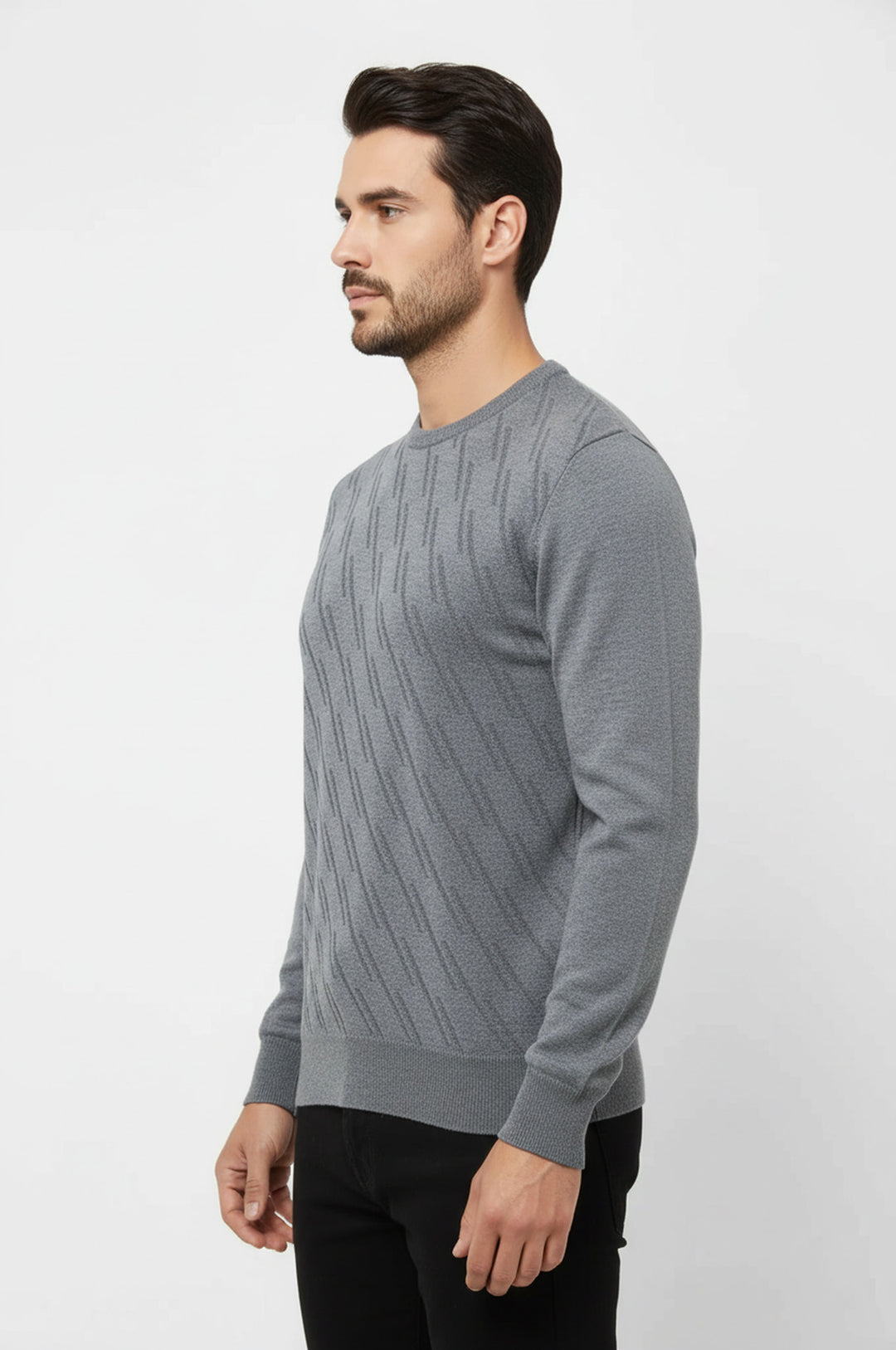 Gri Kendinden Desenli Bisiklet Yaka Kazak - Wessi