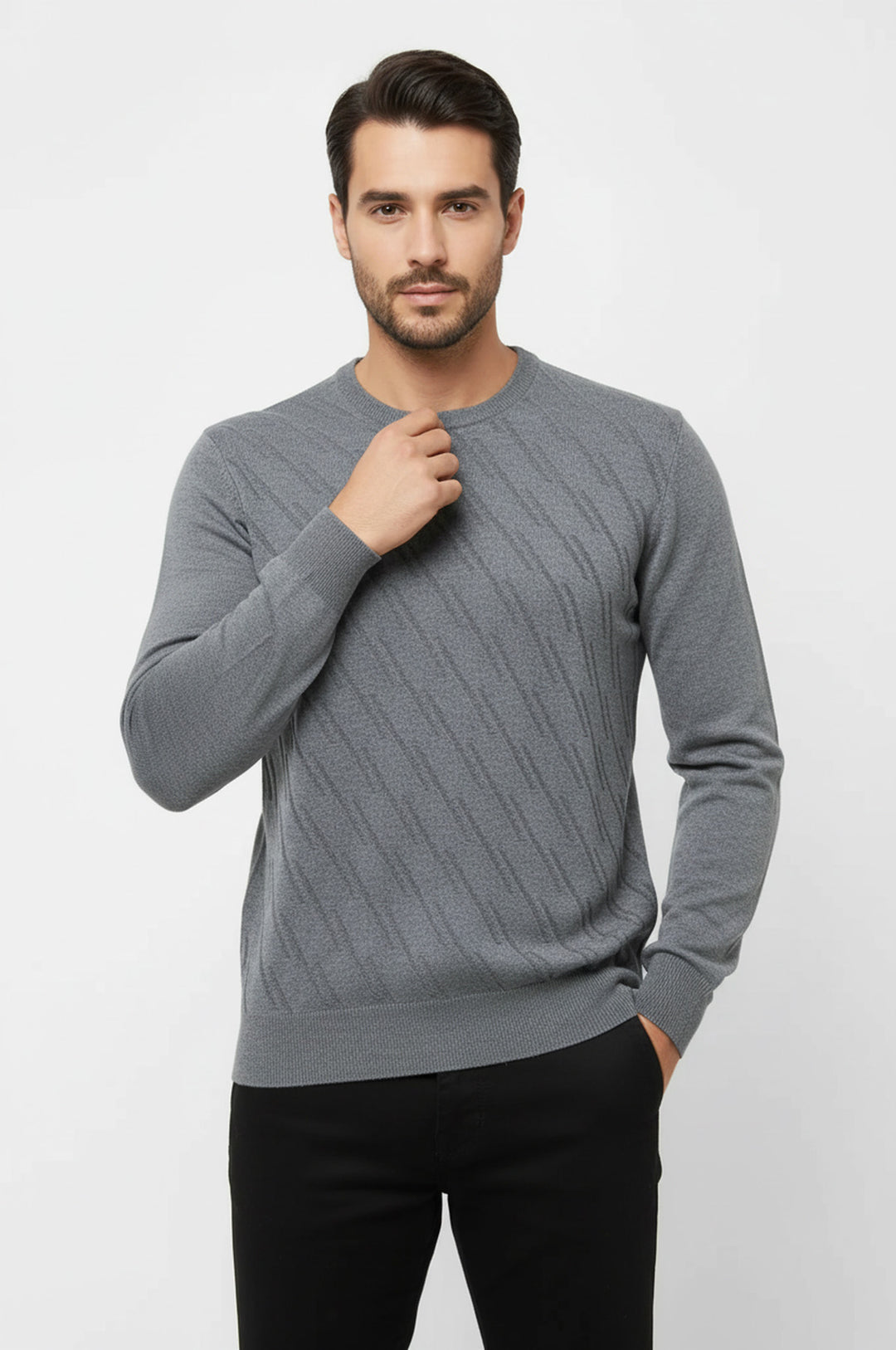 Gri Kendinden Desenli Bisiklet Yaka Kazak - Wessi