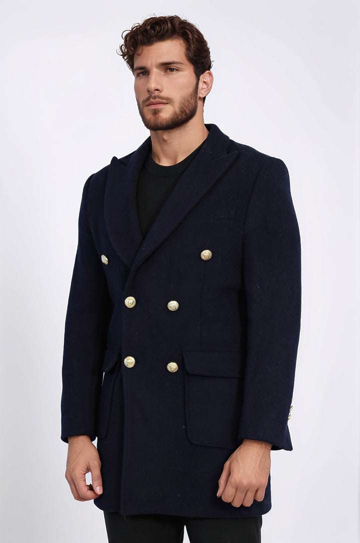 Lacivert Metal Düğmeli Kruvaze Kaban - Wessi