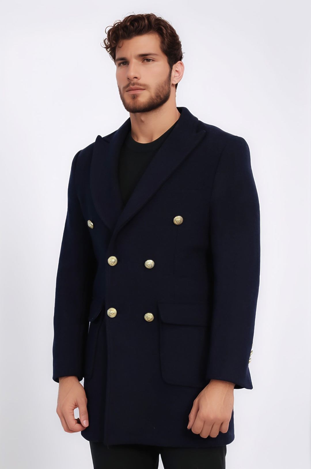 Lacivert Metal Düğmeli Kruvaze Kaban - Wessi