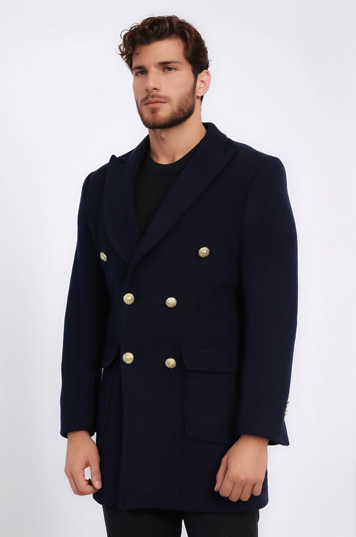 Lacivert Metal Düğmeli Kruvaze Kaban - Wessi