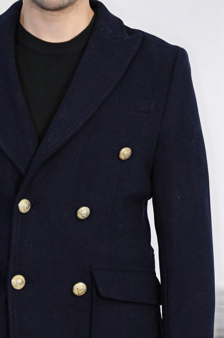 Lacivert Metal Düğmeli Kruvaze Kaban - Wessi