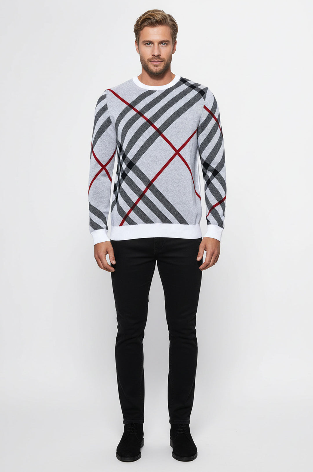 Beyaz Desenli Bisiklet Yaka Triko - Wessi