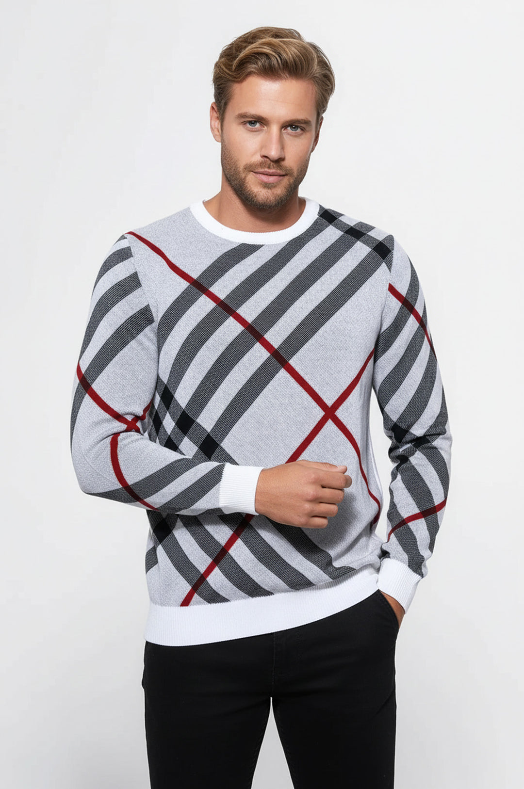 Beyaz Desenli Bisiklet Yaka Triko - Wessi