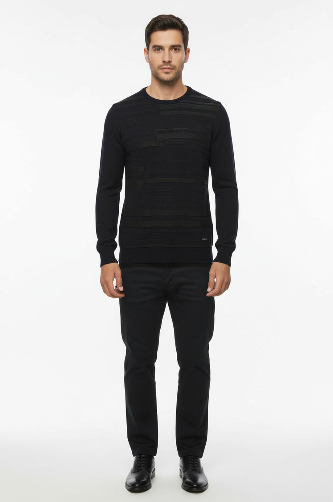 Lacivert Kendinden Desenli Bisiklet Yaka Triko - Wessi