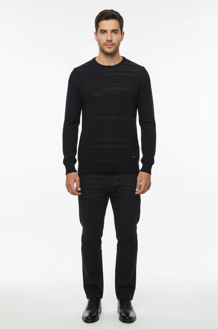 Lacivert Kendinden Desenli Bisiklet Yaka Triko - Wessi