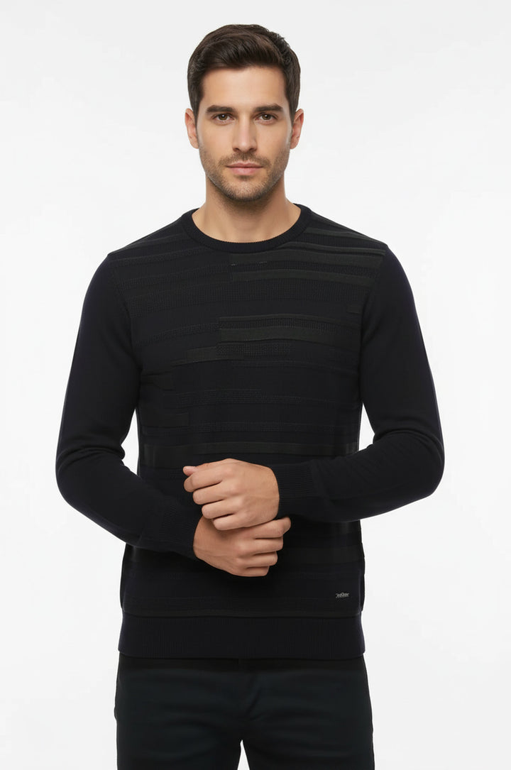 Lacivert Kendinden Desenli Bisiklet Yaka Triko - Wessi