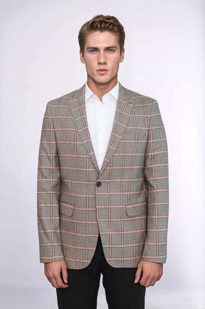 Ekose Desenli Slim Fit Gri Erkek Ceket - Wessi