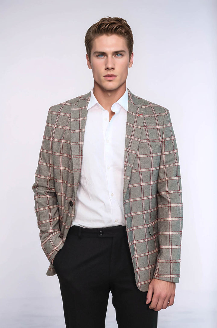 Ekose Desenli Slim Fit Gri Erkek Ceket - Wessi