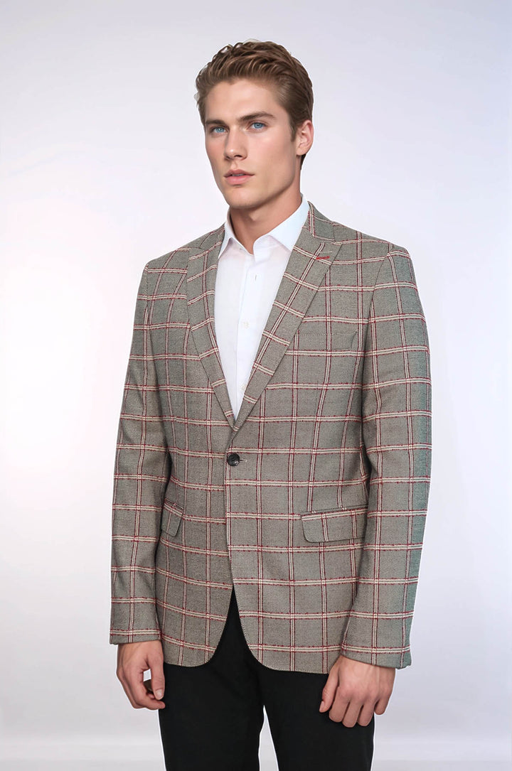 Ekose Desenli Slim Fit Gri Erkek Ceket - Wessi
