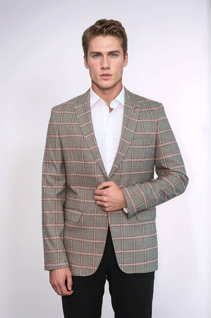 Ekose Desenli Slim Fit Gri Erkek Ceket - Wessi
