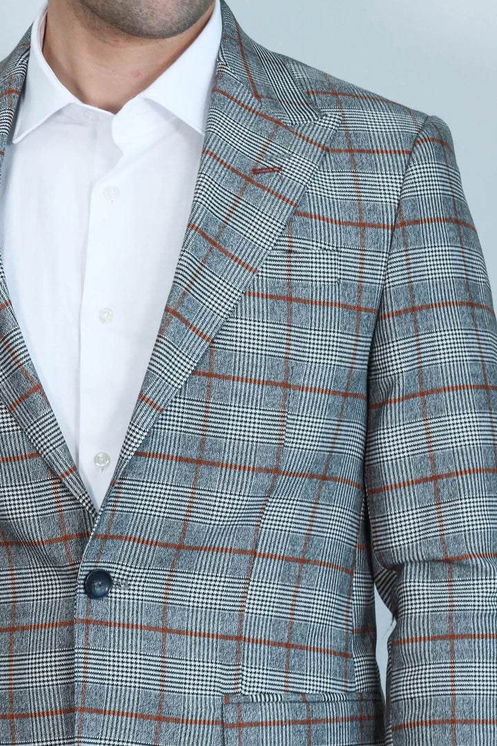 Ekose Tek Düğme Slim Fit Gri Erkek Ceket - Wessi