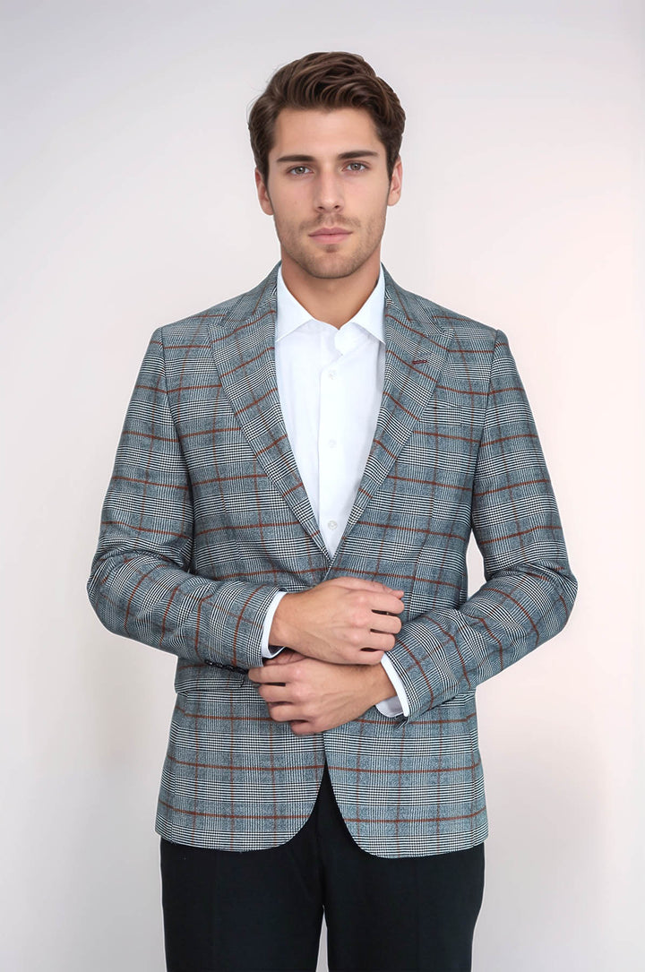 Ekose Tek Düğme Slim Fit Gri Erkek Ceket - Wessi