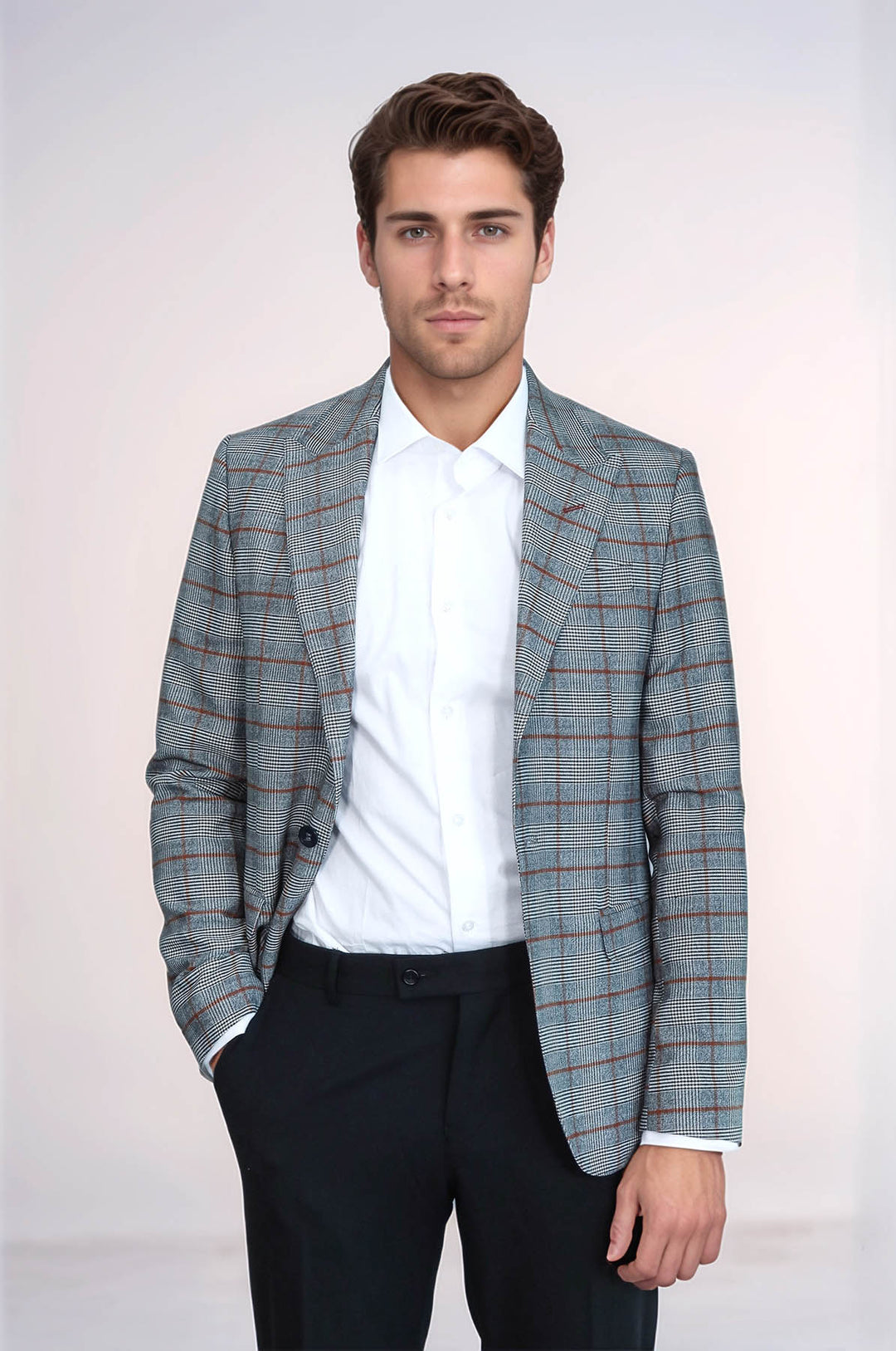 Ekose Tek Düğme Slim Fit Gri Erkek Ceket - Wessi