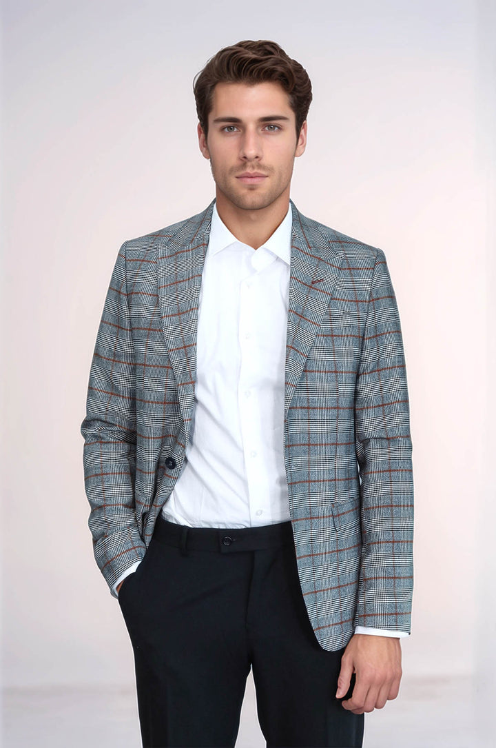 Ekose Tek Düğme Slim Fit Gri Erkek Ceket - Wessi