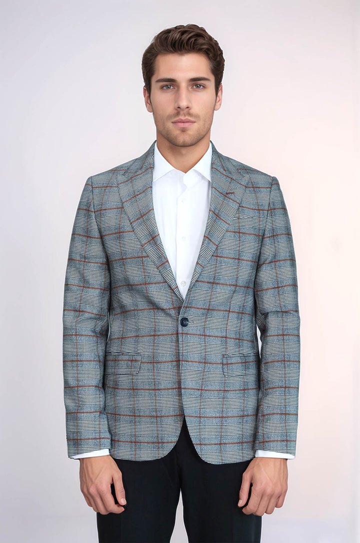 Ekose Tek Düğme Slim Fit Gri Erkek Ceket - Wessi