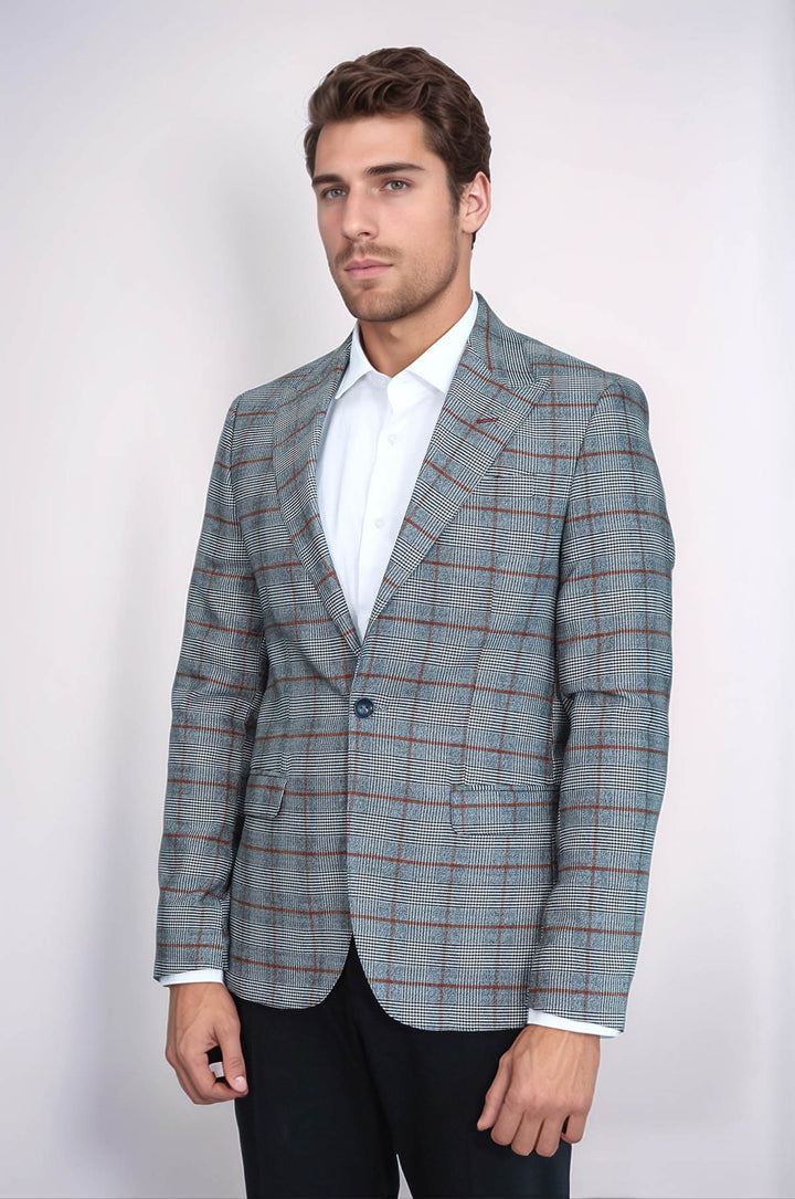 Ekose Tek Düğme Slim Fit Gri Erkek Ceket - Wessi