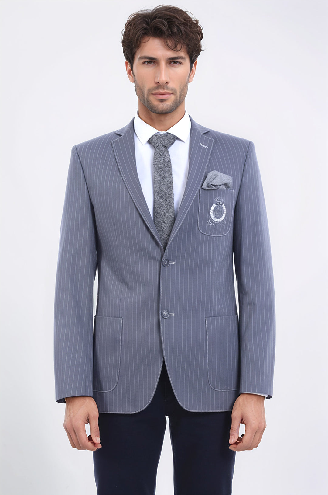 Çizgili Cepli Tek Yırtmaç Armalı Gri Erkek Ceket - Wessi