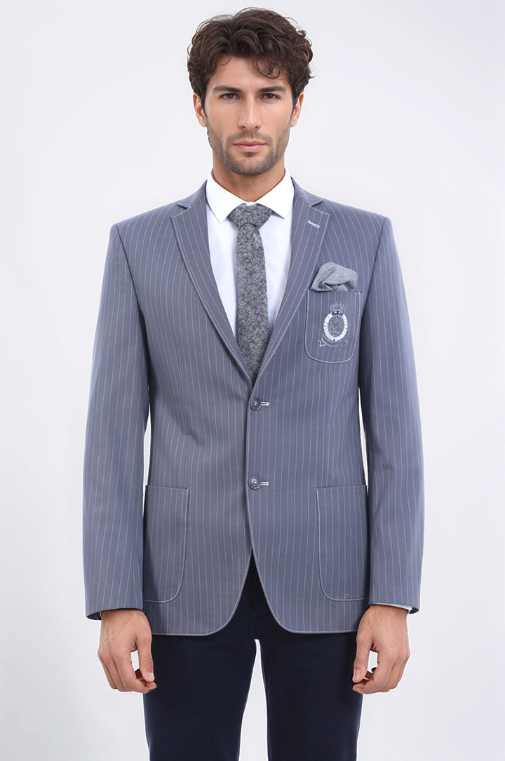 Çizgili Cepli Tek Yırtmaç Armalı Gri Erkek Ceket - Wessi