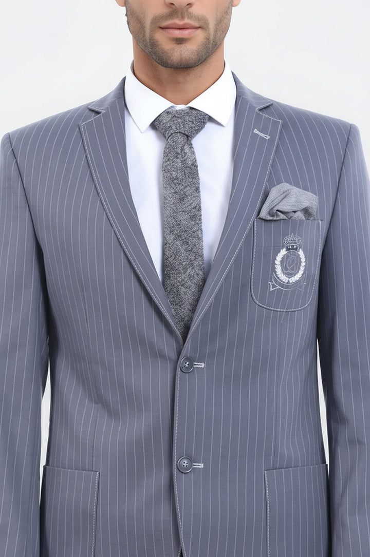 Çizgili Cepli Tek Yırtmaç Armalı Gri Erkek Ceket - Wessi