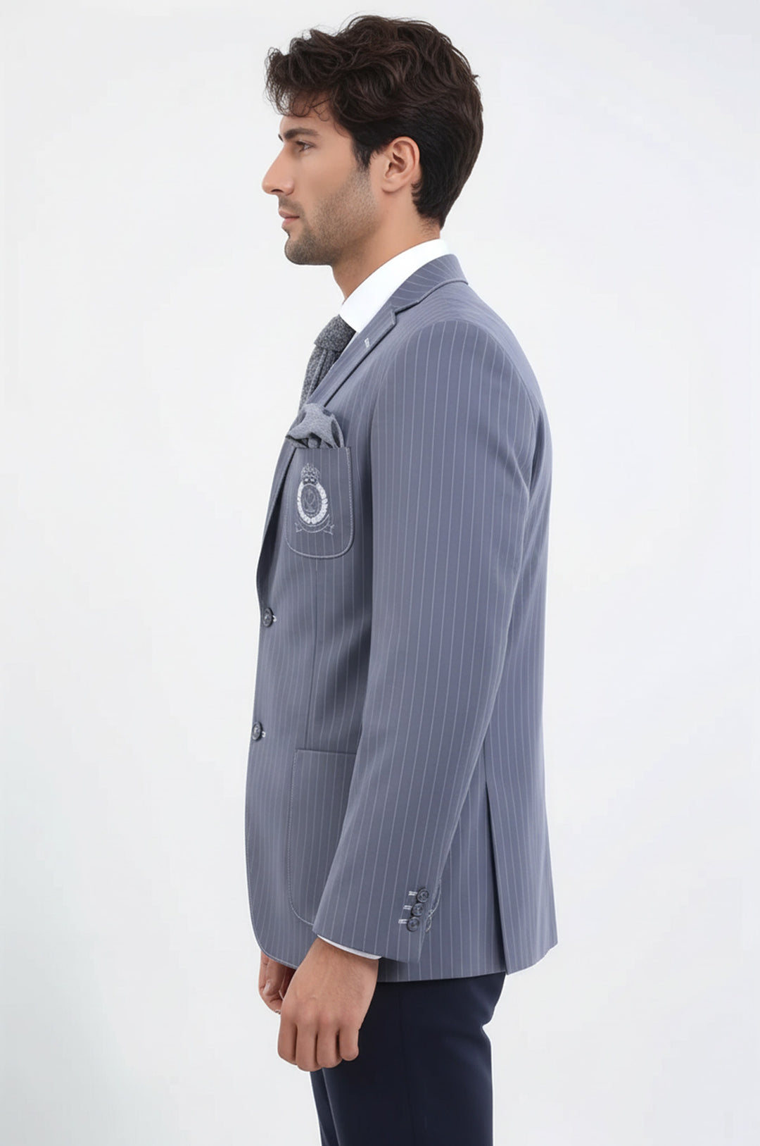 Çizgili Cepli Tek Yırtmaç Armalı Gri Erkek Ceket - Wessi
