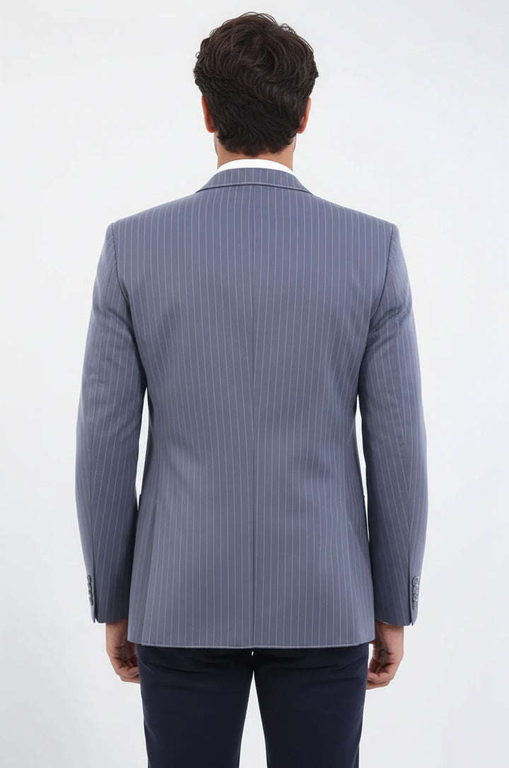 Çizgili Cepli Tek Yırtmaç Armalı Gri Erkek Ceket - Wessi