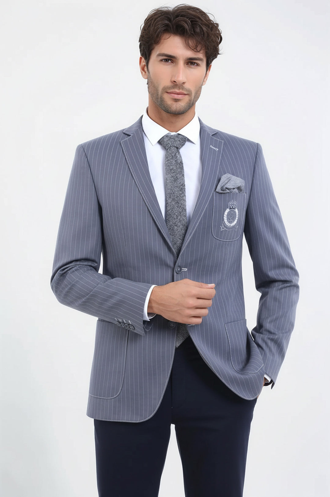 Çizgili Cepli Tek Yırtmaç Armalı Gri Erkek Ceket - Wessi