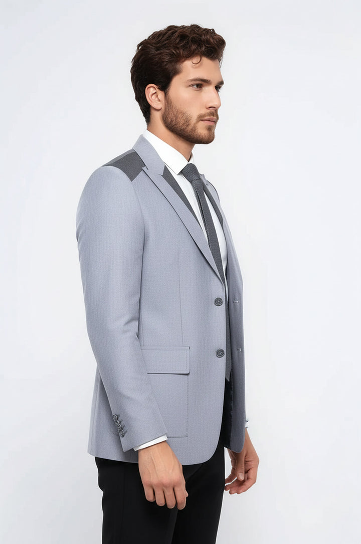 Çift Düğmeli Cepli Sivri Yaka Açık Gri Erkek Ceket - Wessi