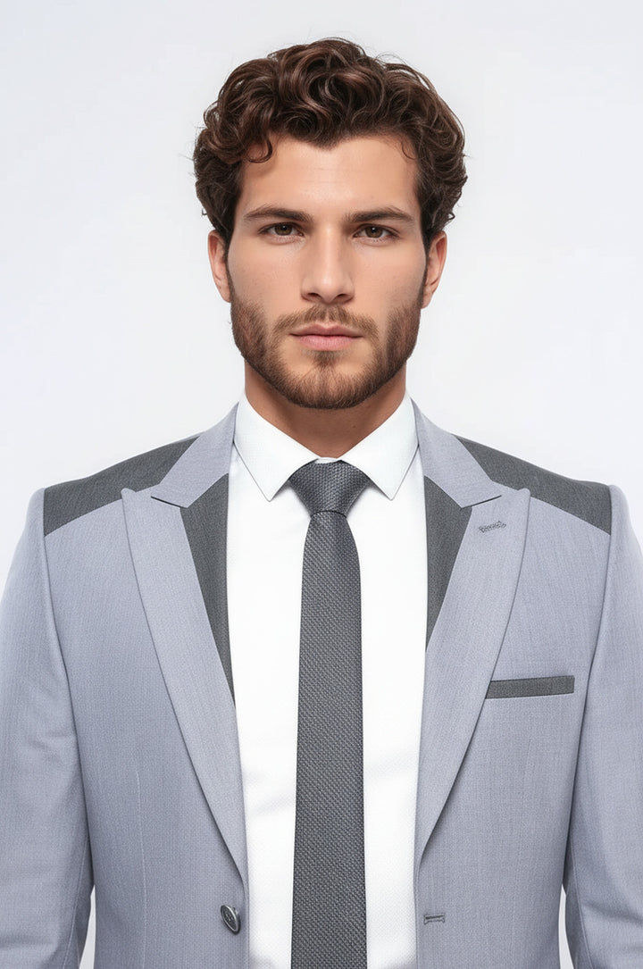 Çift Düğmeli Cepli Sivri Yaka Açık Gri Erkek Ceket - Wessi