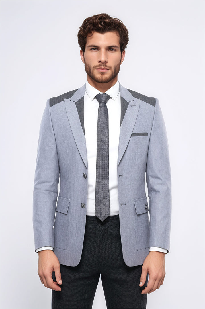 Çift Düğmeli Cepli Sivri Yaka Açık Gri Erkek Ceket - Wessi